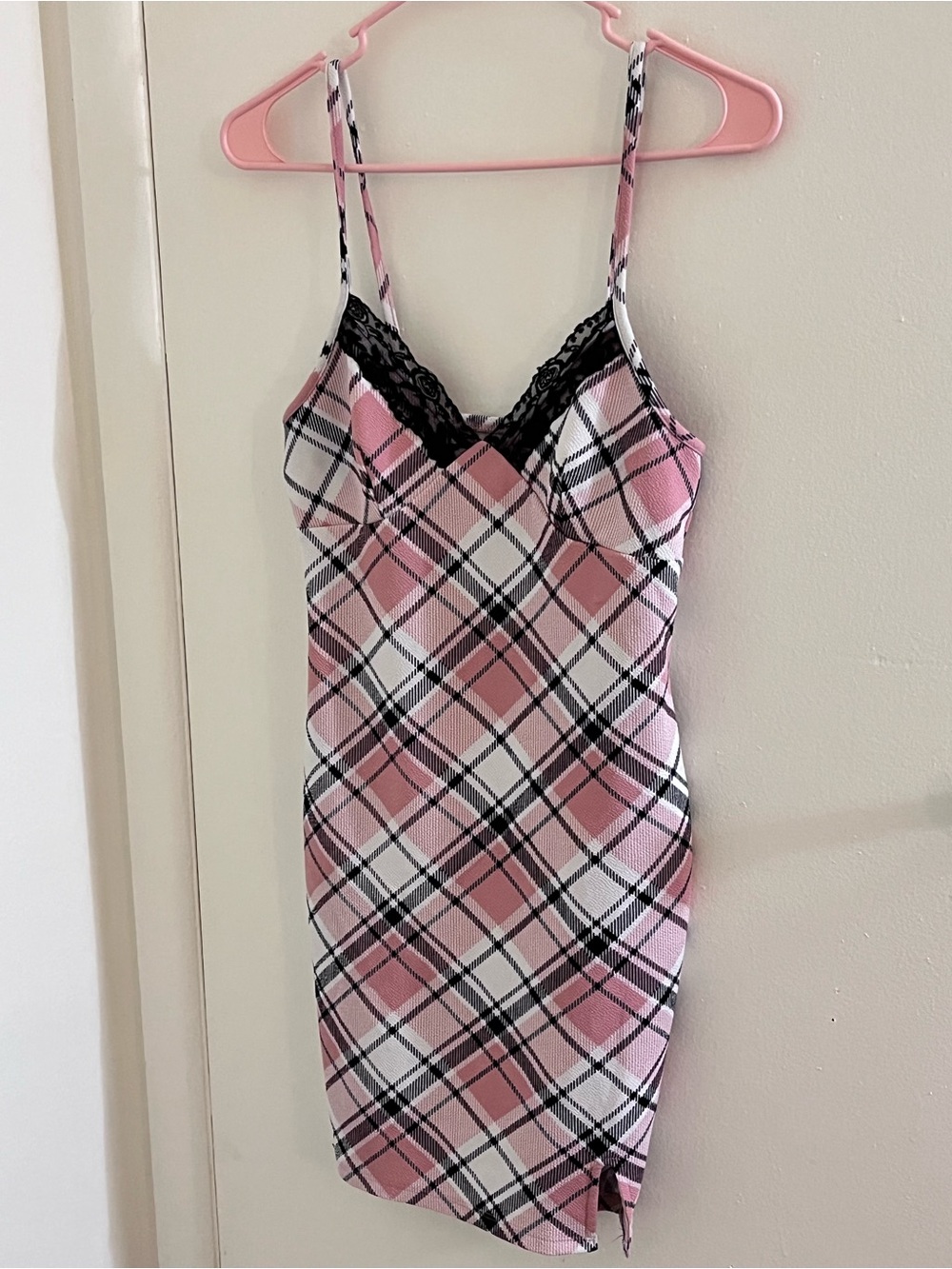 No Boundaries Juniors S 3-5 Pink Plaid Lace Trim Mini Slip Dress Y2K